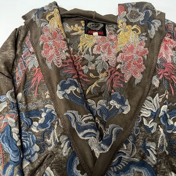 Pre owned Johnny Was BIYA Srika Khaki Green Shimmer Sueded Embroidered Hoodie - Picture 7 of 16